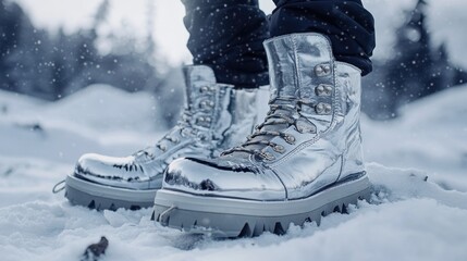 Glamorous silver glitter boots with treads for winter hikes and snowy conditions. Featuring a shiny metallic finish that sparkles in the sunlight.