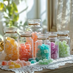 Colorful assorted candies in glass jars with sunlight