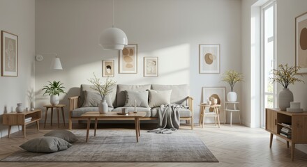 Fototapeta premium Modern minimalist living room with neutral tones and natural light