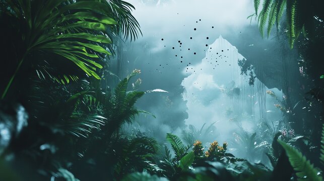 A captivating image of a misty jungle scene with vibrant green foliage and mysterious ink splashes, evoking a sense of wonder and exploration in a tropical environment.. AI Generation - Powered by Adobe