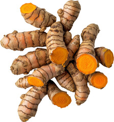 Whole and sliced turmeric roots, also called Curcuma longa, Indian saffron, or golden spice, displayed on a transparent isolated background.