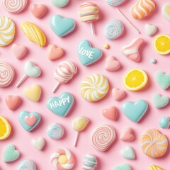 Heart-shaped assorted chocolates on pink background