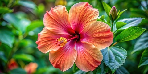 Large hibiscus flower in full bloom, with five large petals and a prominent center cluster of tiny flowers, outdoor photography, plant life, nature photography, botanical art
