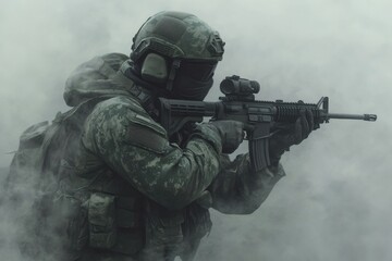Fototapeta premium Combat Focus: A soldier in full tactical gear, face obscured by a mask, aims their rifle through a veil of smoke. The gritty realism of the image evokes the intensity and danger of combat. 