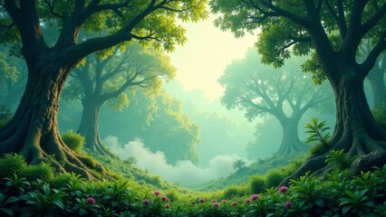 Fototapeta premium Serene Vista of Lush Green Forest with Ancient Trees and Vibrant Flora