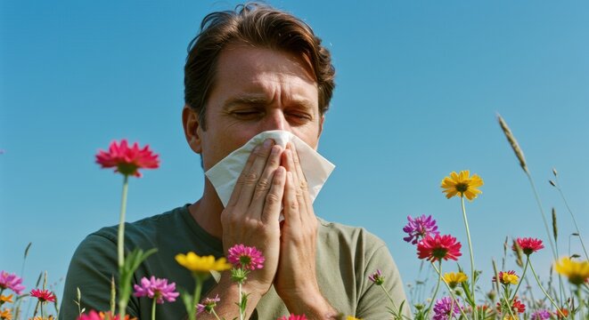 Man sneezing in flower field due to summer allergies on a clear day