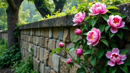 Pink blossoms flourishing along a rustic stone wall, showcasing vibrant petals and lush green foliage against a tranquil natural backdrop.