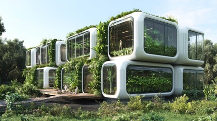 Obraz premium A futuristic modular home with an eco-friendly design, covered in lush greenery and surrounded by nature. The modern architecture highlights sustainability and innovative living solutions.. AI