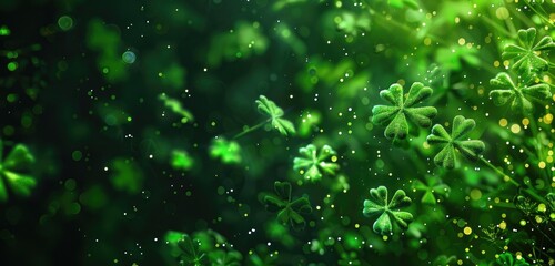 Cinematic St. Patrick’s Day Digital Scene with Bright Green Particles, Lucky Clovers, and Dark Atmosphere Wide Screen Banner