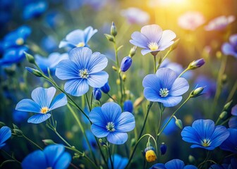 Vintage Blue Flax Flowers Blooming in Field, Rule of Thirds Composition