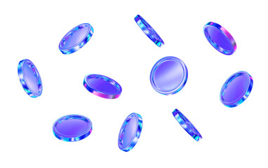 3d flying holographic or neon coins with different angles. Stock vector illustration on isolated background.