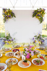 wedding decoration with decor from flower arrangement at banquet