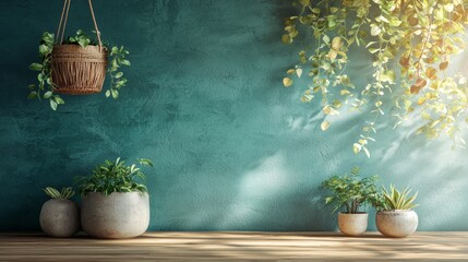 Serene Teal Interior with Hanging Plants and Potted Greenery