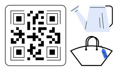 QR code alongside watering can and shopping bag with price tag. Ideal for online shopping, gardening, technology integration, retail, marketing, scanning, sustainability discussions. Abstract line