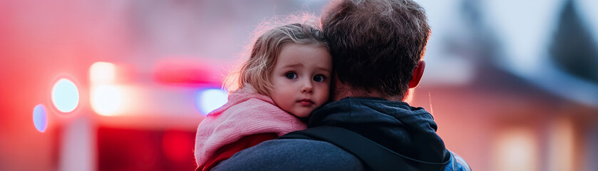 A firefighter carries a rescued child away from a burning house, with soft-focus red and blue emergency lights illuminating the scene and smoke adding a dramatic effect