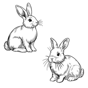 Vintage hand drawn illustration of rabbits in detailed black and white sketch style, farm animals for easter decorations or rustic food packaging