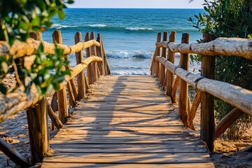 Obraz premium Wooden Beach Walkway Ocean View Summer Vacation Coastal Pathway Rustic Fence Tranquil Seascape Scenic Summertime Idyllic Coastal Paradise Peaceful 