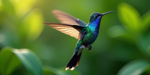 Fototapeta premium A Vibrant Hummingbird in Flight, Wings Spread Wide, Soaring Through Lush Green Foliage, Bathed in Golden Sunlight