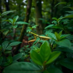  A praying mantis blends perfectly with the leaves in a peaceful forest, its green body blending in with the surrounding foliage.