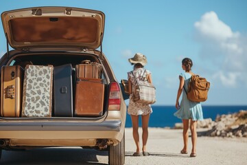 tourists packing suitcases into the trunk of a car.