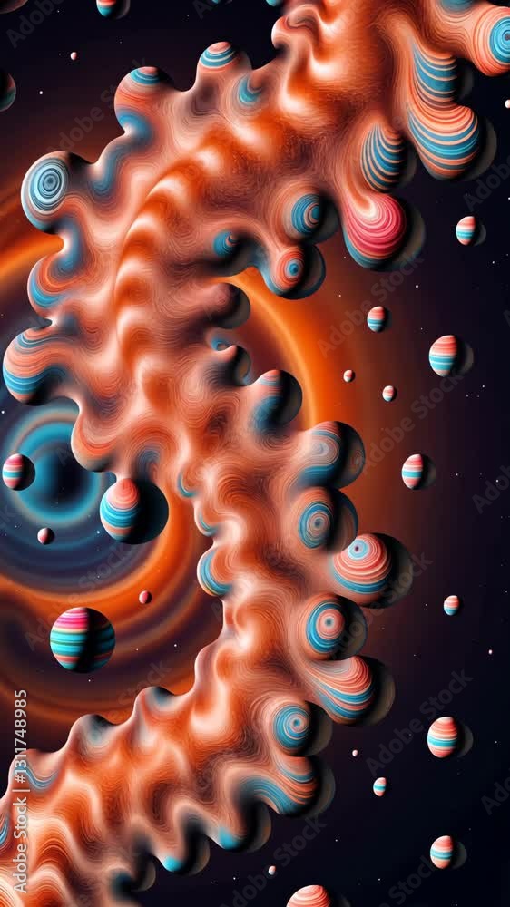 Poster A colorful swirl of spheres with a black background. The spheres are of different sizes and colors. The swirl is orange and blue
