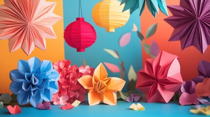 Fototapeta premium Creative origami decor for New Year, with colorful folded flowers, lanterns, and intricate shapes