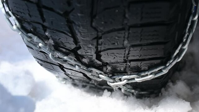 Close-up of a winter tire with metal snow chains for better traction on icy roads. The detailed tread pattern and strong links emphasize safety and stability in extreme winter conditions