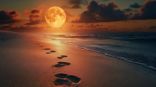 Footprints lead to a large orange moon setting over a dark ocean beach at sunset.
