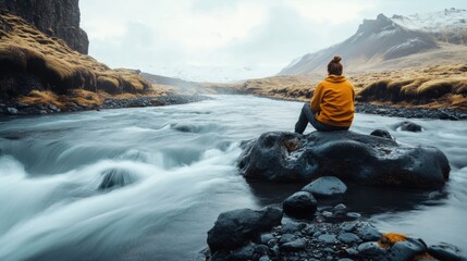 Peaceful Solitude by a River in a Stunning Landscape with Majestic Mountains and Soft Clouds