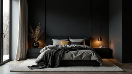 Modern minimalist bedroom interior design with dark walls, plush bedding, and elegant lighting