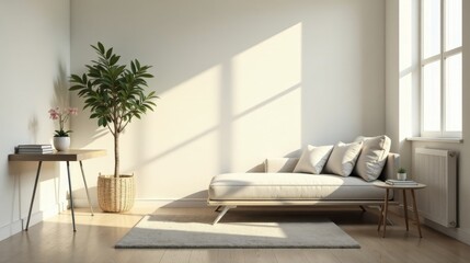 Fototapeta premium Sunlight illuminates a minimalist living space featuring a chaise lounge, potted plants, and a small side table