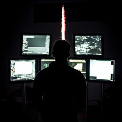 A high-tech visualization of hacking and cybersecurity threats, depicting digital crime, data breaches, and cyber warfare. Perfect for illustrating cybercrime investigations, ethical hacking.