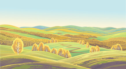 Rural autumn landscape, with a hills and with forest and trees painted in autumn colors. Vector illustration.