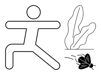 Line art showing a person in yoga warrior stance, two plants, and a flying insect. Ideal for nature, mindfulness, wellness, fitness, relaxation simplicity balance concepts. Flat simple metaphor