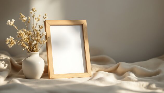 Framed Art and Flower Vase Display on Beige Fabric Surface