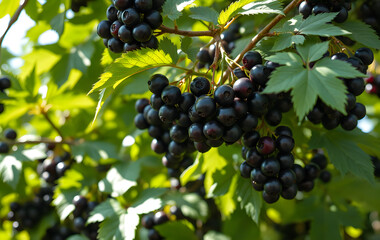 Blackcurrant clusters with vibrant purple berries are hanging ripe on the bush. Suitable for food and beverage products or health-related content