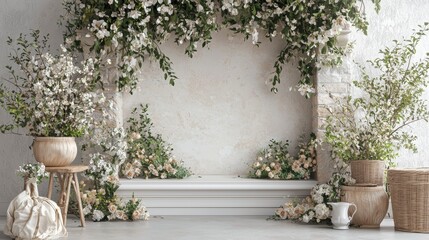 Fototapeta premium Floral Spring Interior Design: Elegant White and Beige Flower Arrangement Backdrop