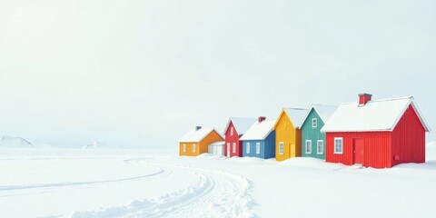 Naklejka premium Vibrant Winter Cottages on a Snow Covered Plain, a Serene and Picturesque Scene of Colorful Houses in a Frosty Landscape