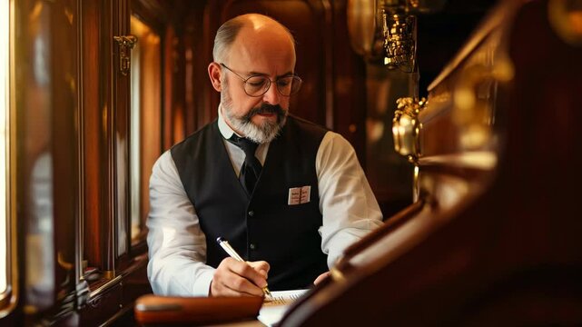 Distinguished older man with mustache writing in a vintage wooden interior