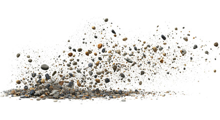 A dynamic display of pebbles erupting isolated on white or transparent png background