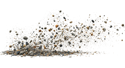 A dynamic display of pebbles erupting isolated on white or transparent png background