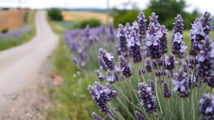 Fototapeta premium Lavender Blooms Lining a Country Road, Their Purple Petals Creating a Peaceful Scene