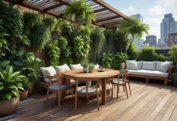 Lush greenery and wood accents on a rooftop garden patio, peaceful haven, lush greenery, rooftop patio