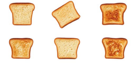 six slices of toasted bread arranged in two rows. showcasing varying degrees of toasting. from lightly toasted to more charred this visual emphasizes the different textures and colors of the bread. hi