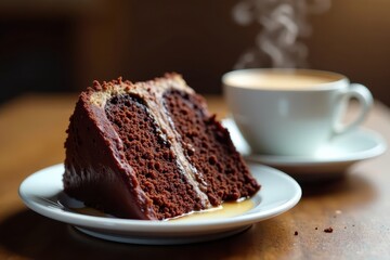 A slice of moist chocolate cake on a white plate, beside a steaming cup of coffee , white background, closeup, cup