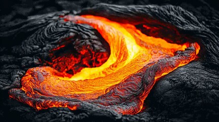 Flowing lava creates stunning patterns at a volcano during an eruption in a remote landscape