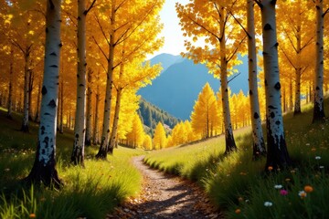 Obraz premium Aspen trees lining a mountain trail, vibrant summer foliage , foliage, landscape