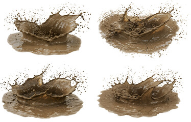 Powerful Mud Splashing in Four Different Angles isolated on white or transparent png background