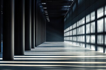 Fototapeta premium Sunlit Shadows in a Modern Industrial Hallway with Dark Columns and Concrete Walls