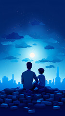 Fototapeta premium A 2D flat silhouette illustration of a cozy living room with a son and daughter.